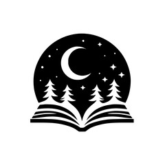 A stylized black and white logo depicting an open book with evergreen trees, a crescent moon, and stars against a night sky, evoking a sense of wonder and knowledge.