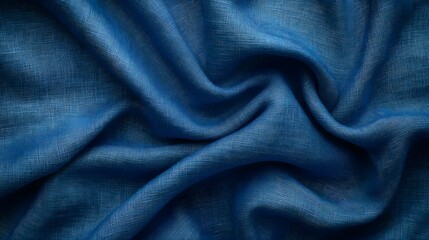 Closeup of a luxurious indigo dyed fabric with a soft smooth texture and a crumpled wavy pattern creating an background