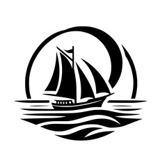 A minimalist monochrome illustration depicting a sailing ship gracefully navigating the ocean, enclosed within a stylized crescent, evoking a sense of adventure and maritime heritage.