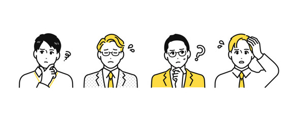 悩む表情の働く若い男性のシンプルな人物アイコンセット