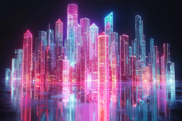 Neon-lit cityscape at night, reflected in water, vibrant pink and blue hues, futuristic architecture.