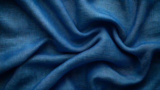 Closeup of a luxurious indigo dyed fabric with a soft smooth texture and a crumpled wavy pattern creating an background