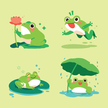 Cute frog illustrations set in different playful scenarios: jumping, relaxing, holding a flower, and using a leaf umbrella. Fun, cheerful, and perfect for children&rsquo;s content. Vector in cartoon style.