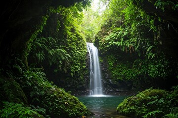 Fototapeta premium A serene waterfall cascades into a clear pool, surrounded by lush greenery and tropical vegetation in a tranquil forest setting.