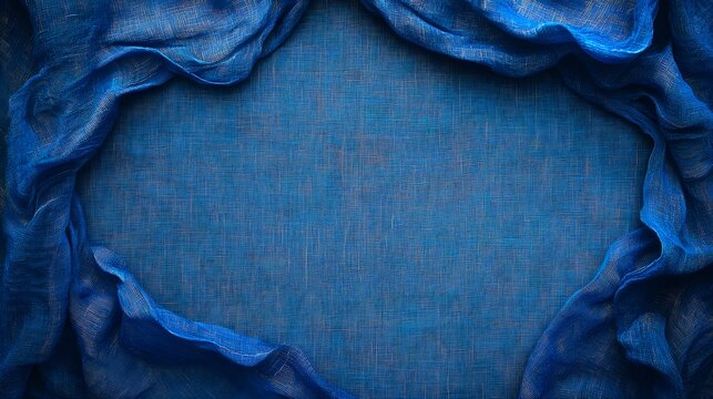 Graceful flowing folds of rich indigo dyed fabric create a striking abstract background with a sense of depth and movement