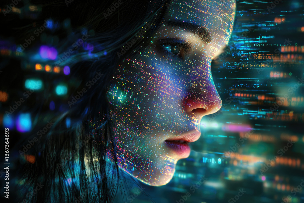 Poster a woman's face is overlaid with colorful digital code, symbolizing the fusion of technology and huma