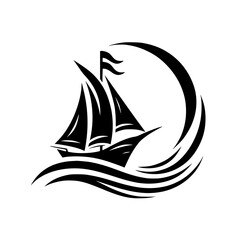 A stylized black and white illustration of a sailboat at sea, framed by waves and a crescent-shaped arc, evoking tranquility and nautical themes.