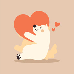 Cute сartoon puppy dog mascot. Dog hugging a big red heart with love and happiness. Illustration perfect for pet lovers, greeting cards, and Valentine's Day designs. Vector isolated illustration.