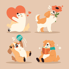 Cute сartoon puppy dog mascot clip art set. Playful dogs: hugging a heart, holding a flower, catching a ball, reading a book. A warm and joyful pet-themed artwork. Vector isolated illustrations.