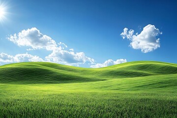 Fototapeta premium Rolling Green Hills Under a Bright Blue Sky with Fluffy White Clouds
