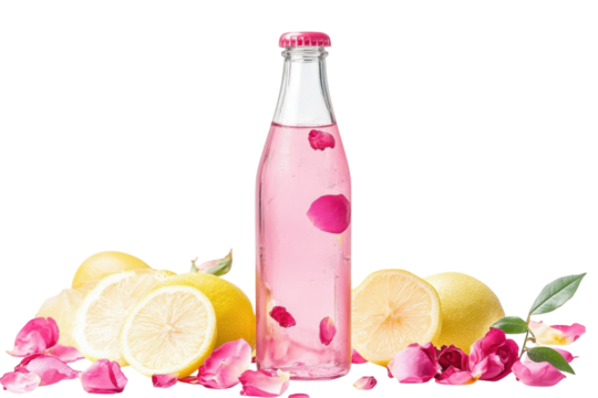 Refreshing pink lemonade with rose petals and fresh lemons on a bright background isolated on transparent background