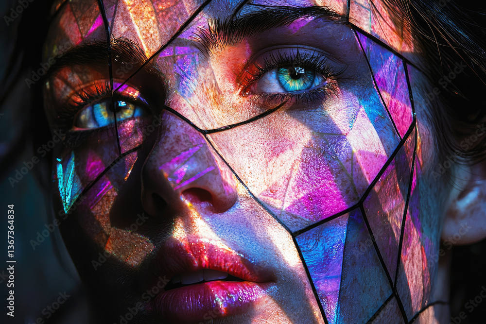 Poster a woman's face is illuminated with a vibrant, geometric light projection, creating a captivating and