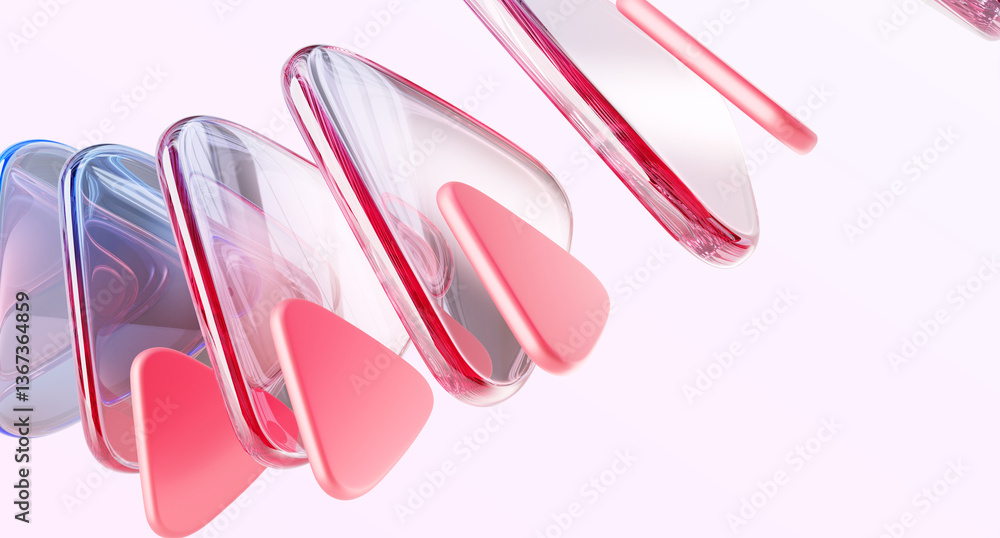 Poster 3d pink background with glass and plastic triangle plate shapes. abstract line array wave pattern. d