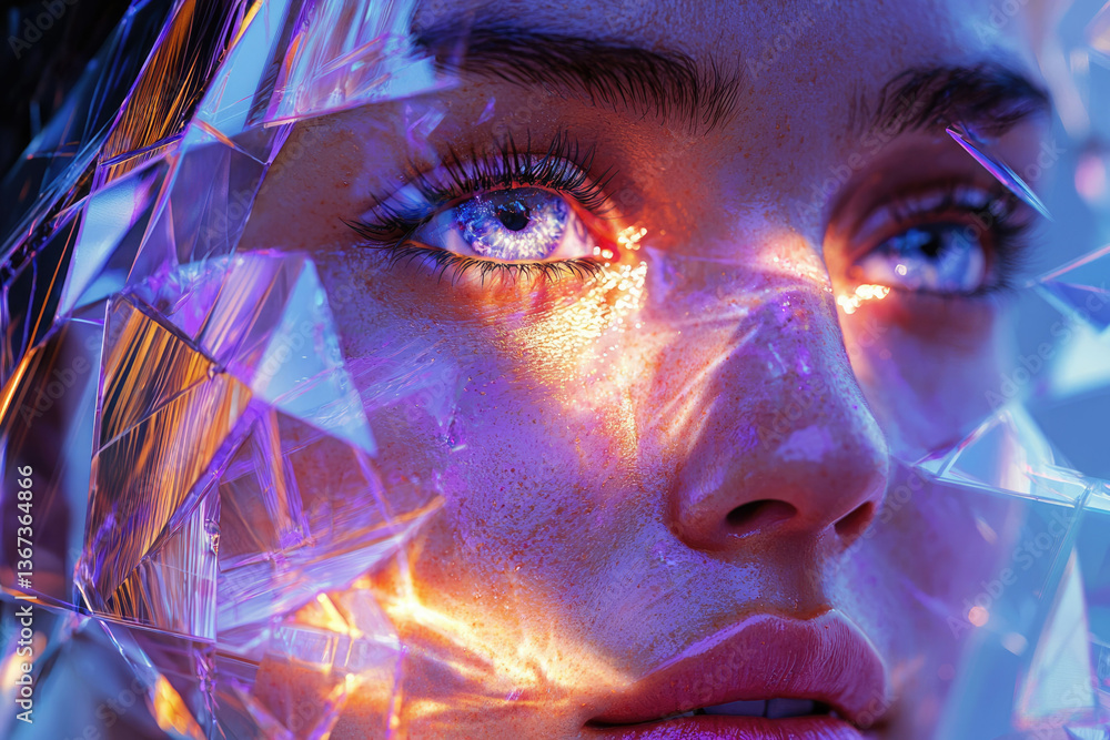 Poster close-up of a woman's face partially obscured by iridescent, fragmented glass, illuminated with warm