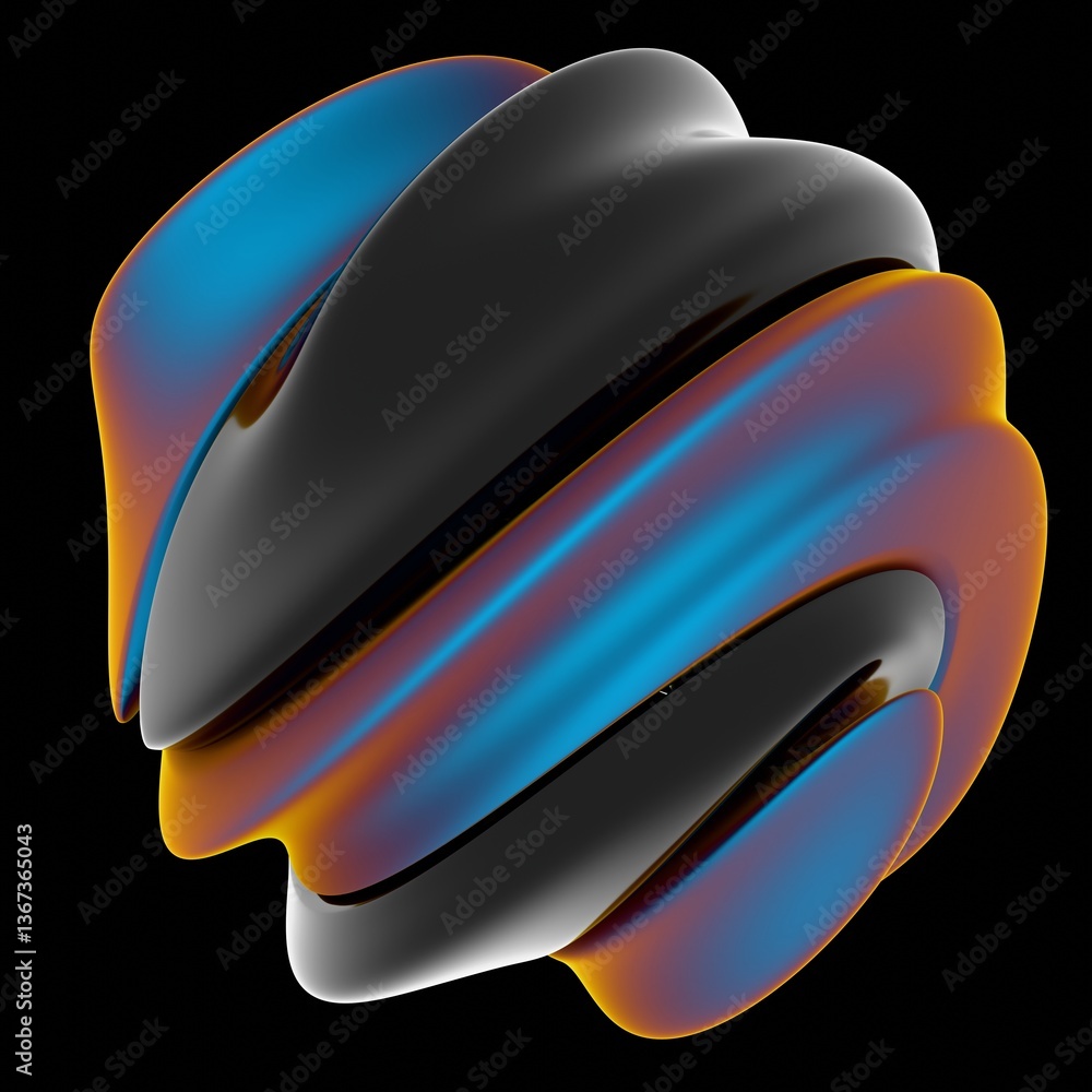 Aufkleber Fluid swirl of black, orange, and blue gradient forms a modern wave pattern, blending illusions, synergy, and technology into an abstract, futuristic design..