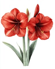 Red amaryllis  set in watercolor  on white