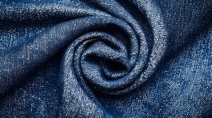 Close up view of a crumpled indigo dyed cotton fabric with a dynamic swirling texture and intricate folds
