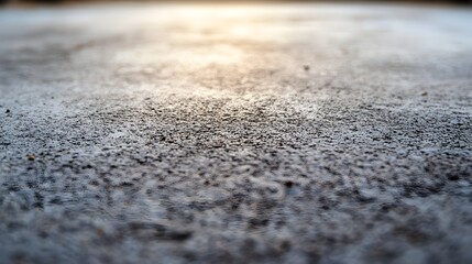A detailed close-up reveals the textured surface of a gray concrete floor illuminated by a soft sunlight glow.