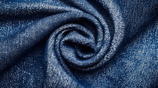 Close up view of a crumpled indigo dyed cotton fabric with a dynamic swirling texture and intricate folds