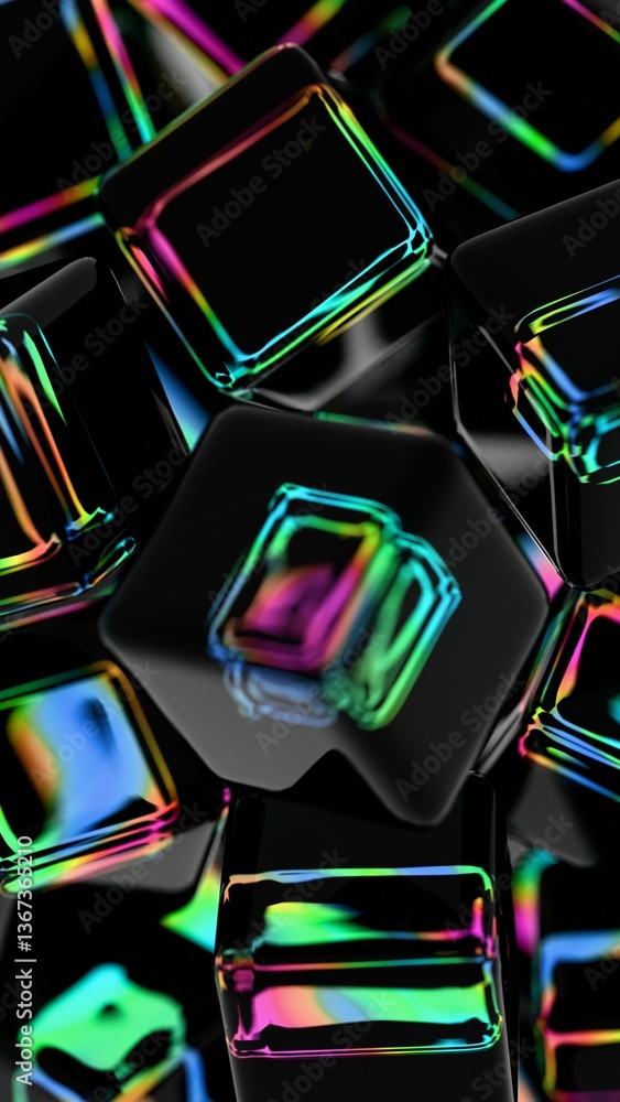 Poster Glossy black cubes with iridescent edges arranged on a dark background, blending illusions and technology into a sleek, modern abstract design.......