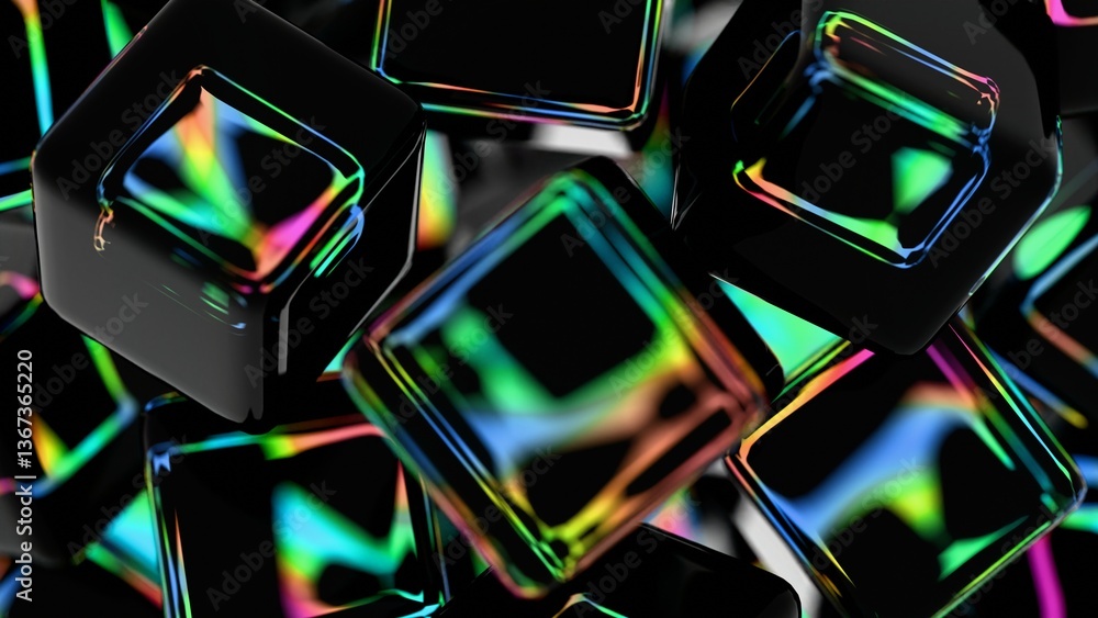 Aufkleber Glossy black cubes with iridescent edges arranged on a dark background, blending illusions and technology into a sleek, modern abstract design.......