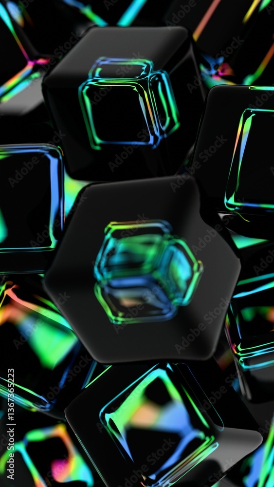 Poster Glossy black cubes with iridescent edges arranged on a dark background, blending illusions and technology into a sleek, modern abstract design.......