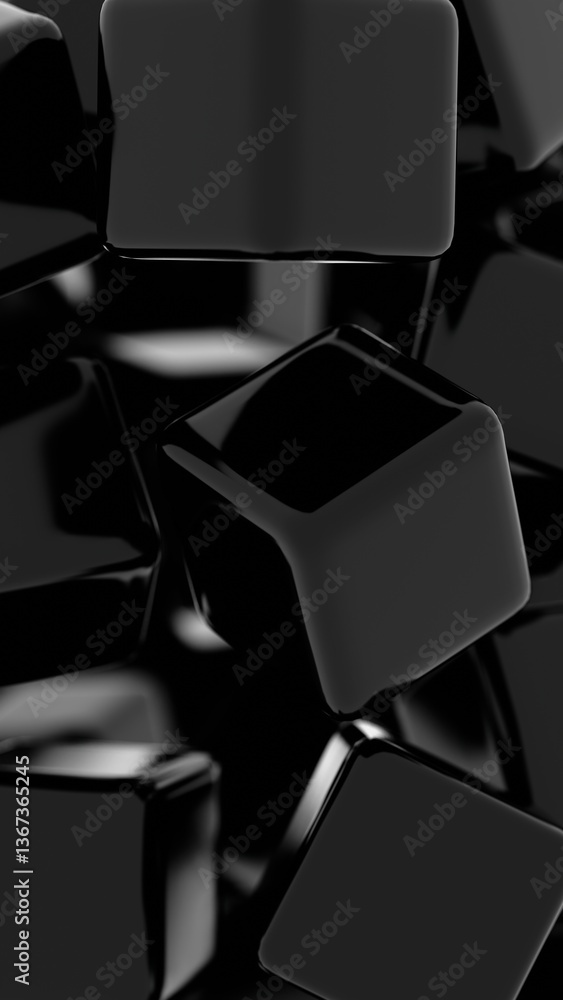 Fototapete Glossy black cubes with rounded edges floating in a minimal composition, creating a modern, sleek, and futuristic design with smooth reflections........