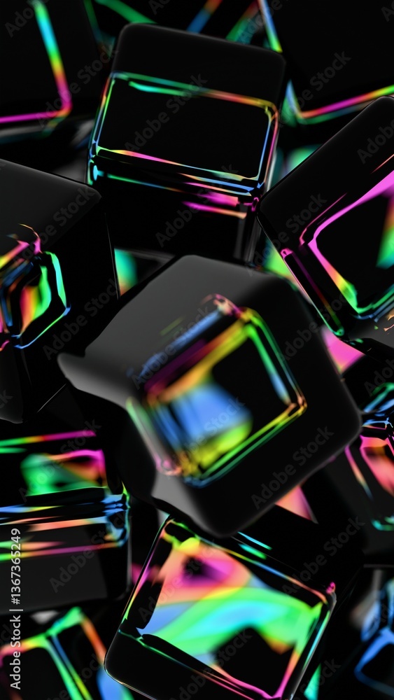 Poster Glossy black cubes with iridescent edges arranged on a dark background, blending illusions and technology into a sleek, modern abstract design.......