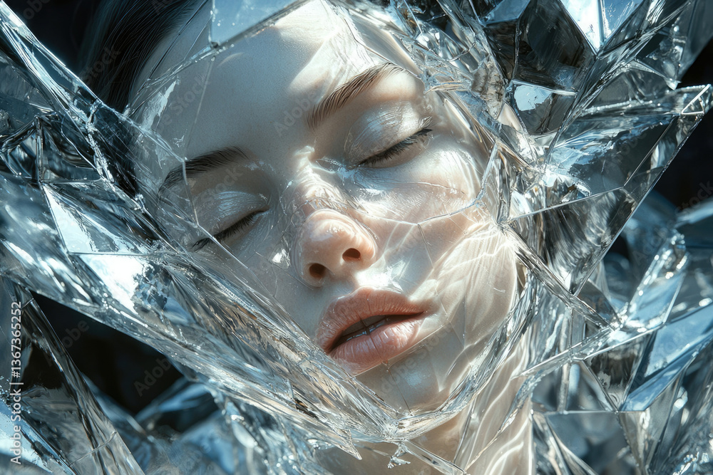 Poster a woman's face is encased in fragmented, translucent ice, creating a surreal and ethereal image.