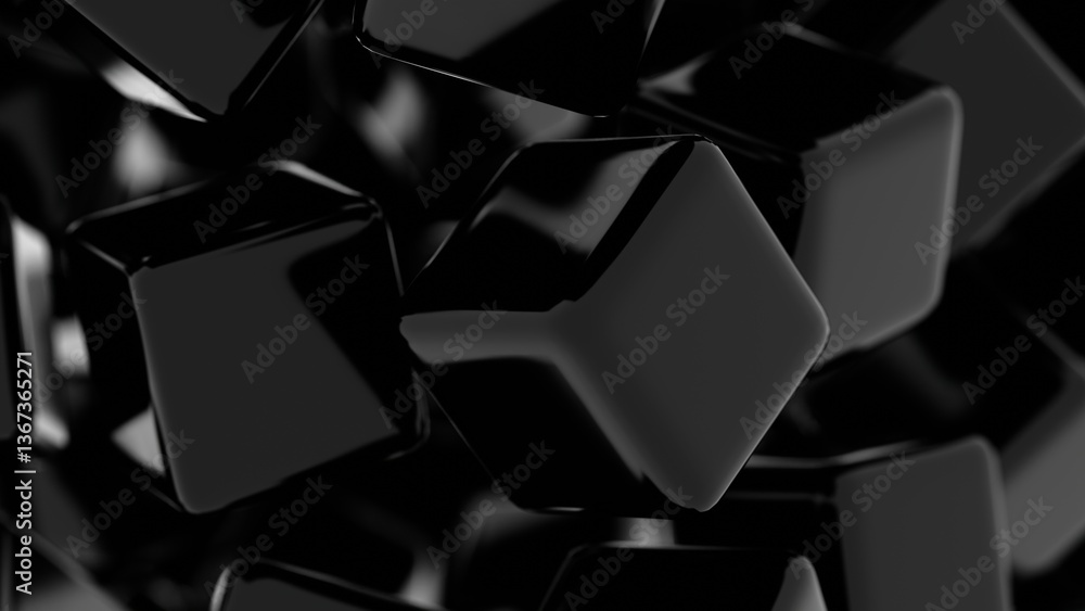 Poster Glossy black cubes with rounded edges floating in a minimal composition, creating a modern, sleek, and futuristic design with smooth reflections........