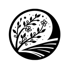 Minimalist Black and White Circular Logo Featuring a Blossoming Branch, Field and Crescent Elements, Evoking Nature.