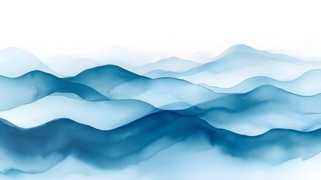 An abstract watercolor style landscape depicting a series of hazy indigo toned mountains and hills shrouded in soft ethereal mist and fog