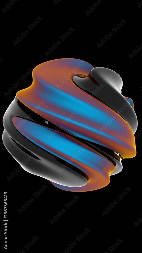 Poster fluid metallic lumps in neon purple and blue float on a black background, creating an abstract wave 