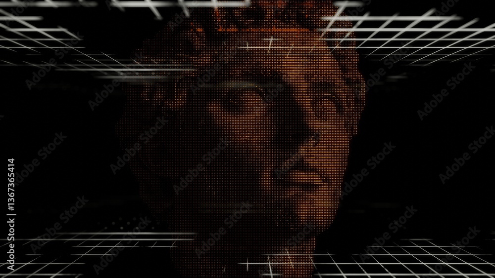 Poster an orange digital statue face emerges within a black grid, merging classical sculpture with modern g