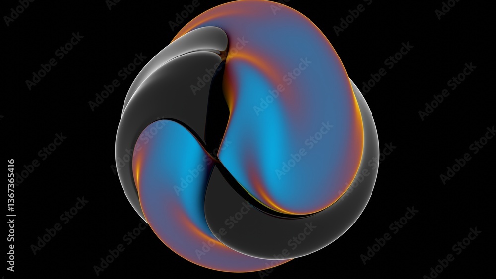 Poster Fluid metallic lumps in neon purple and blue float on a black background, creating an abstract wave pattern that merges illusions, technology, and futuristic design........