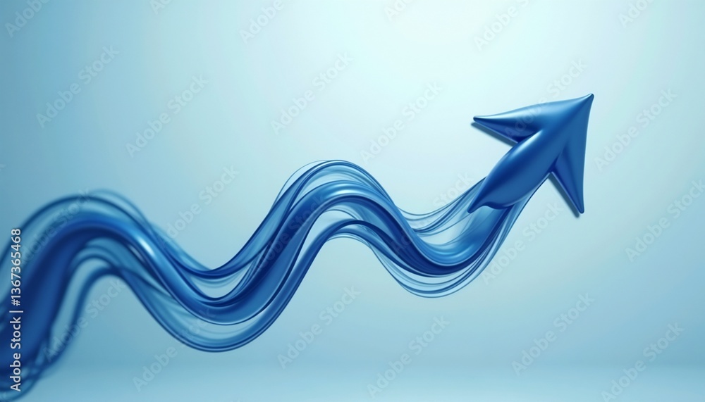 Poster dynamic blue arrow made of flowing lines suggesting progress against a light gradient background