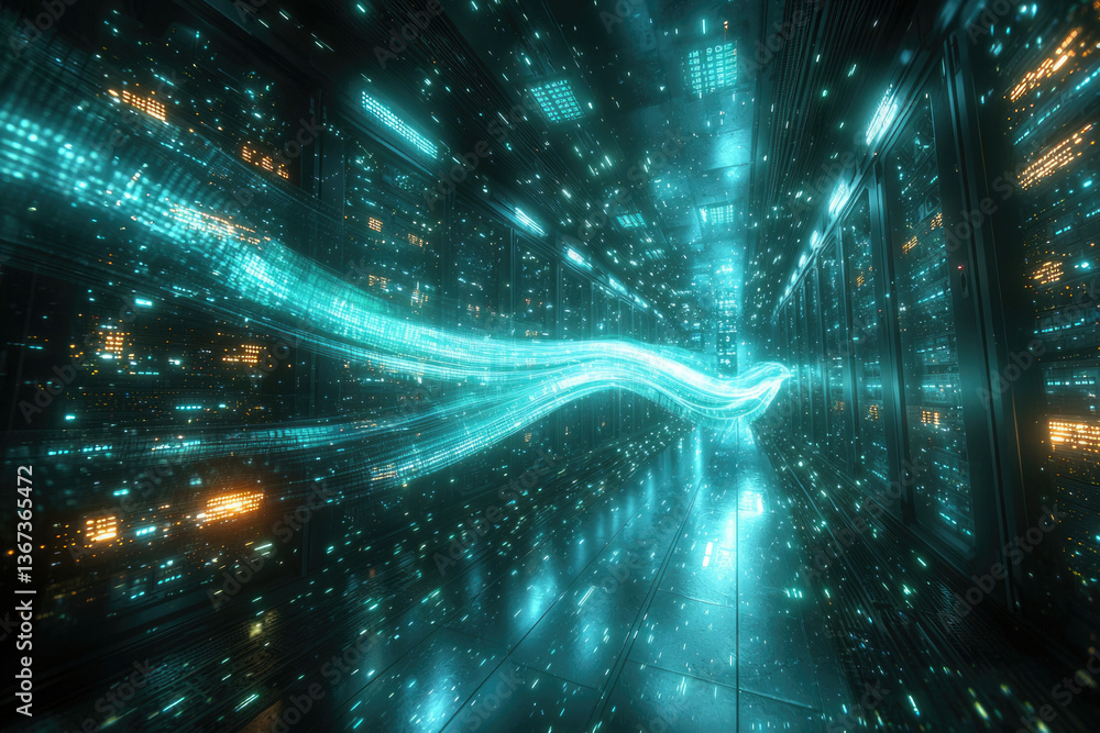 Poster Data streams flow through a futuristic server room, visualizing high-speed digital information transfer.