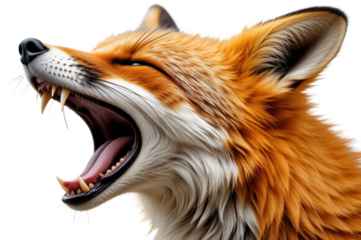 A fox howling and showing its sharp canine teeth, isolated on transparent background. 