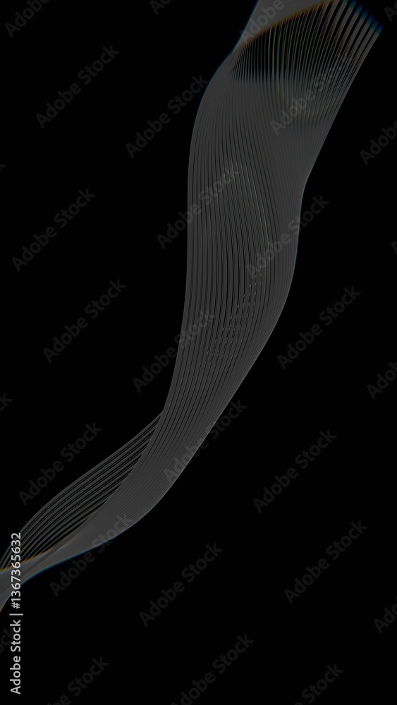 Poster Thin lines twisting into a sleek wave on a black background, creating a minimal and futuristic abstract design with fluid curves and modern geometry.......
