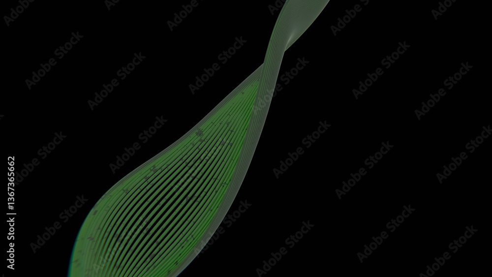 Poster Thin lines twisting into a sleek wave on a black background, creating a minimal and futuristic abstract design with fluid curves and modern geometry.......