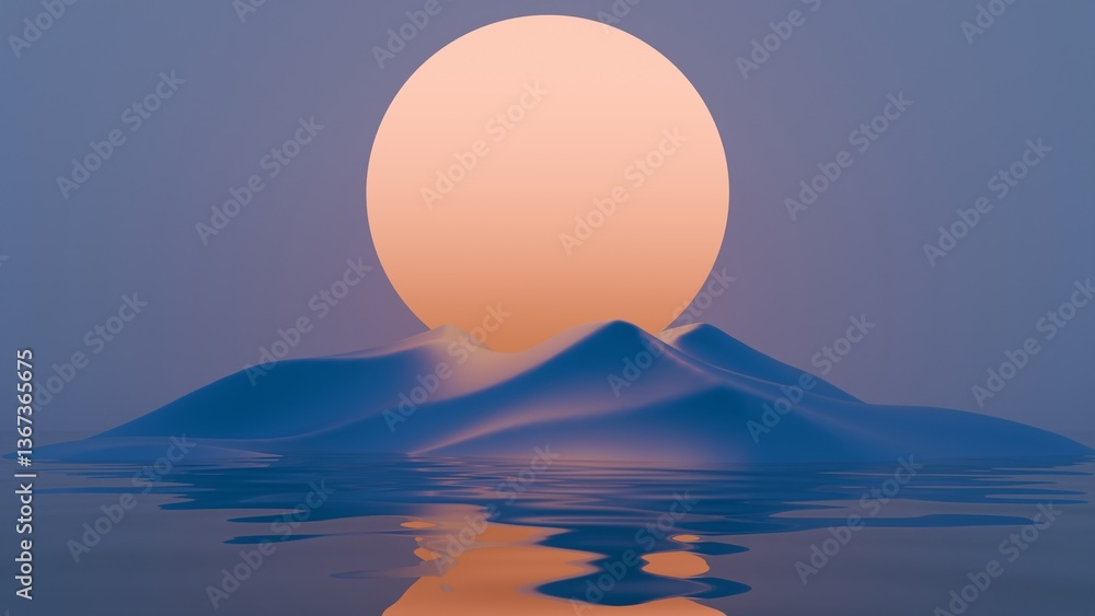Poster minimal abstract scene with a large orange sun and rolling blue waves against a purple sky, creating