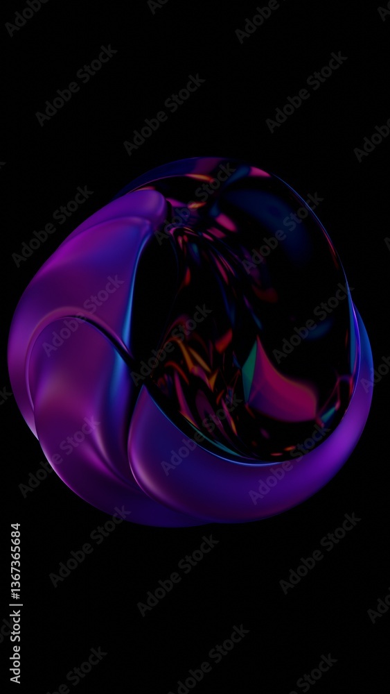 Poster Fluid metallic lumps in neon purple and blue float on a black background, creating an abstract wave pattern that merges illusions, technology, and futuristic design........