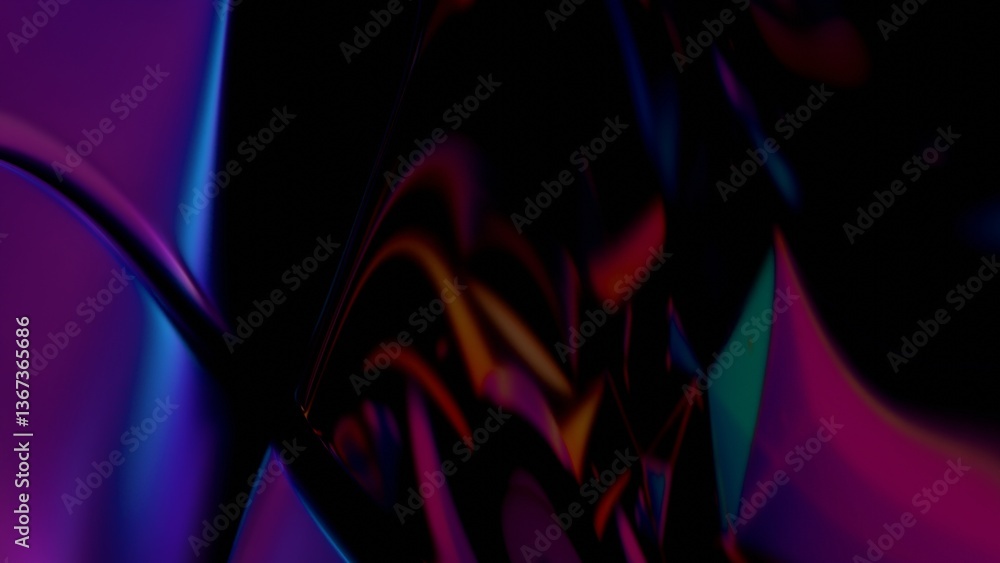 Poster Fluid metallic lumps in neon purple and blue float on a black background, creating an abstract wave pattern that merges illusions, technology, and futuristic design........