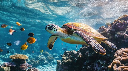 Obraz premium Graceful sea turtle navigating a vibrant coral reef ecosystem in crystal-clear waters