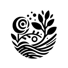 A stylized, circular, black and white botanical illustration featuring a rose, leaves, water lines, and dots, representing nature's harmonious balance.
