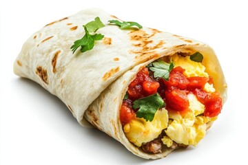 Delicious breakfast burrito with eggs, salsa, and cilantro wrapped in a warm tortilla isolated on transparent background