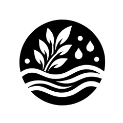 Minimalist black and white circular logo depicting plant life growing from stylized water, complemented by falling droplets and small dots.