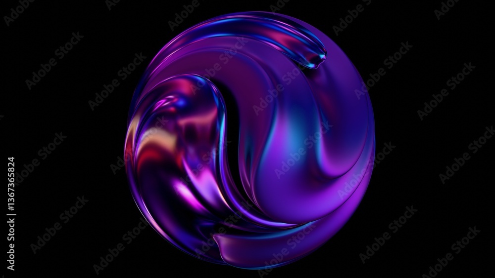 Leinwandbilder fluid metallic lumps in neon purple and blue float on a black background, creating an abstract wave 