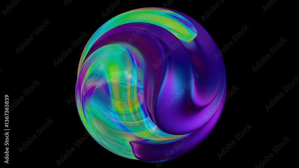 Poster Fluid metallic lumps in neon purple and blue float on a black background, creating an abstract wave pattern that merges illusions, technology, and futuristic design........