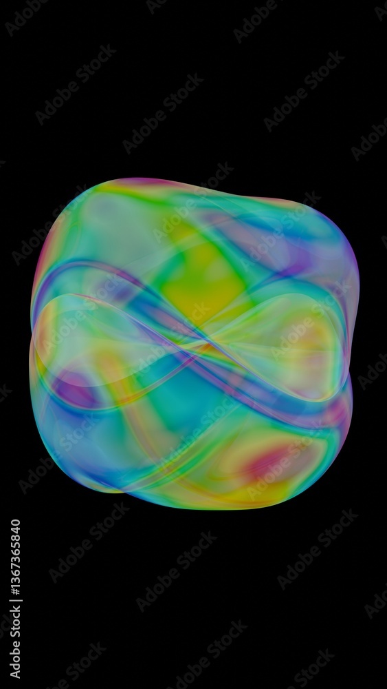 Poster fluid metallic lumps in neon purple and blue float on a black background, creating an abstract wave 